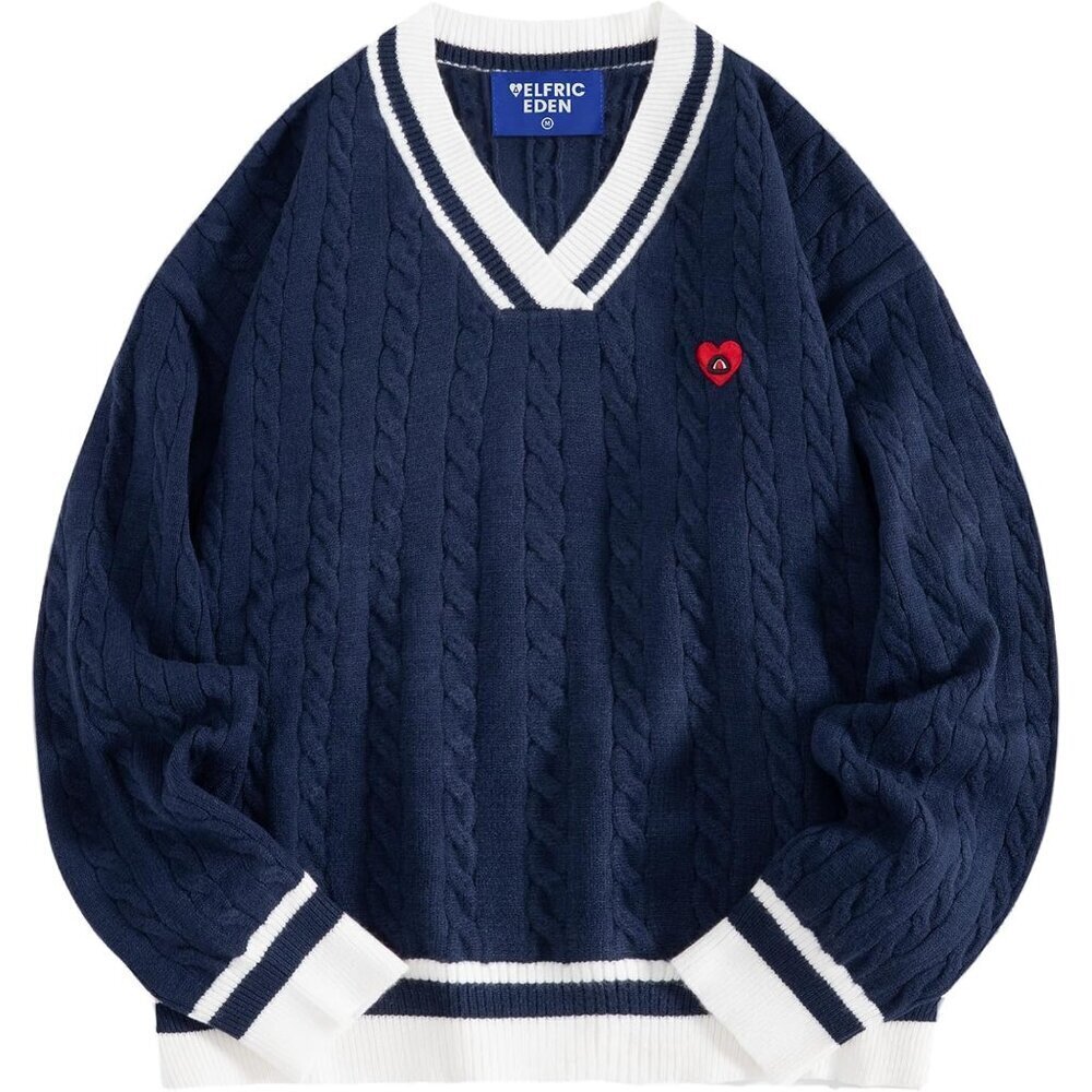 Women's Oversized Cable Knit V Neck Sweater Casual Street Fashion